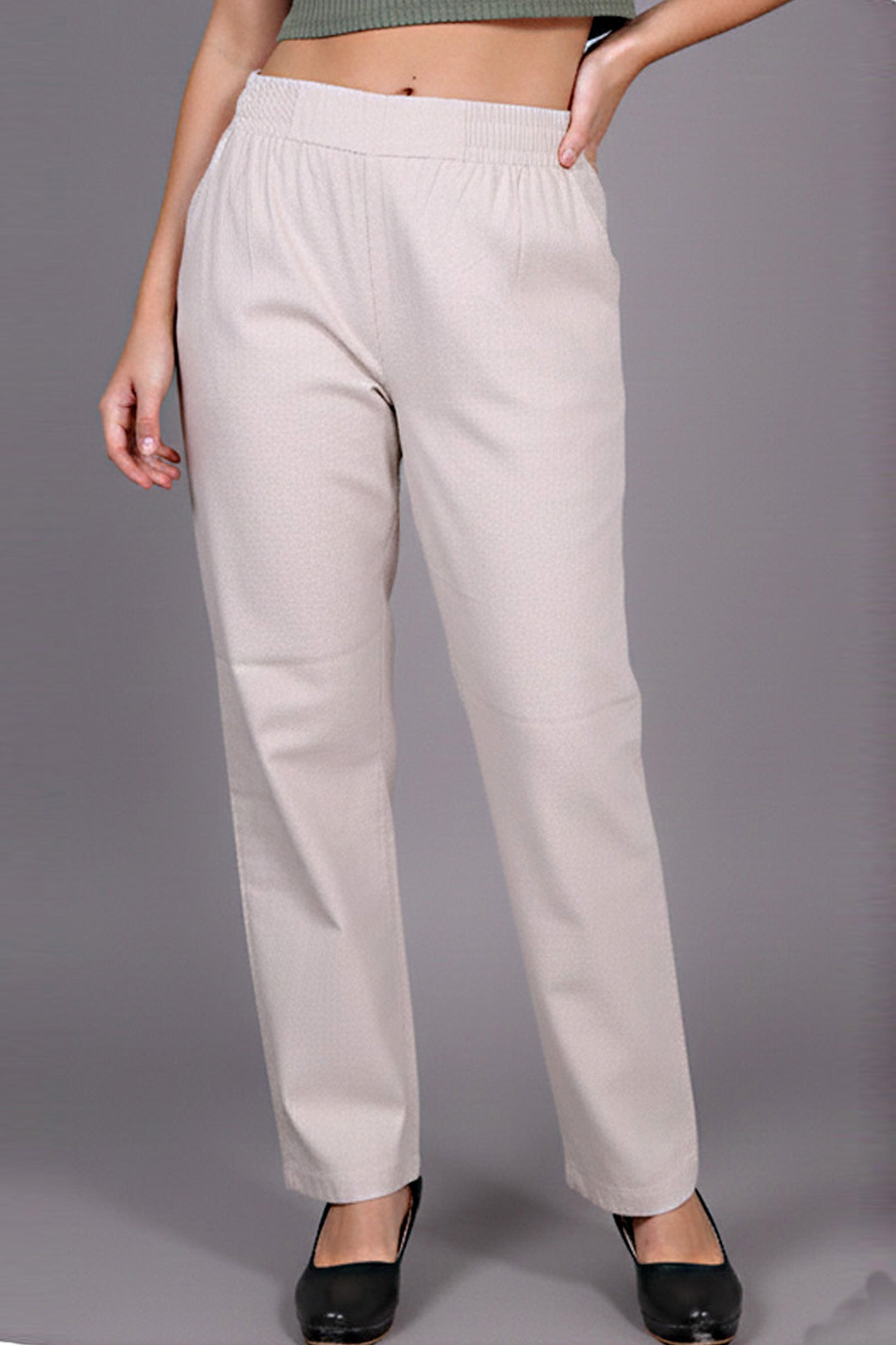 Beige Straight-Fit Elastic Waist Track Pant