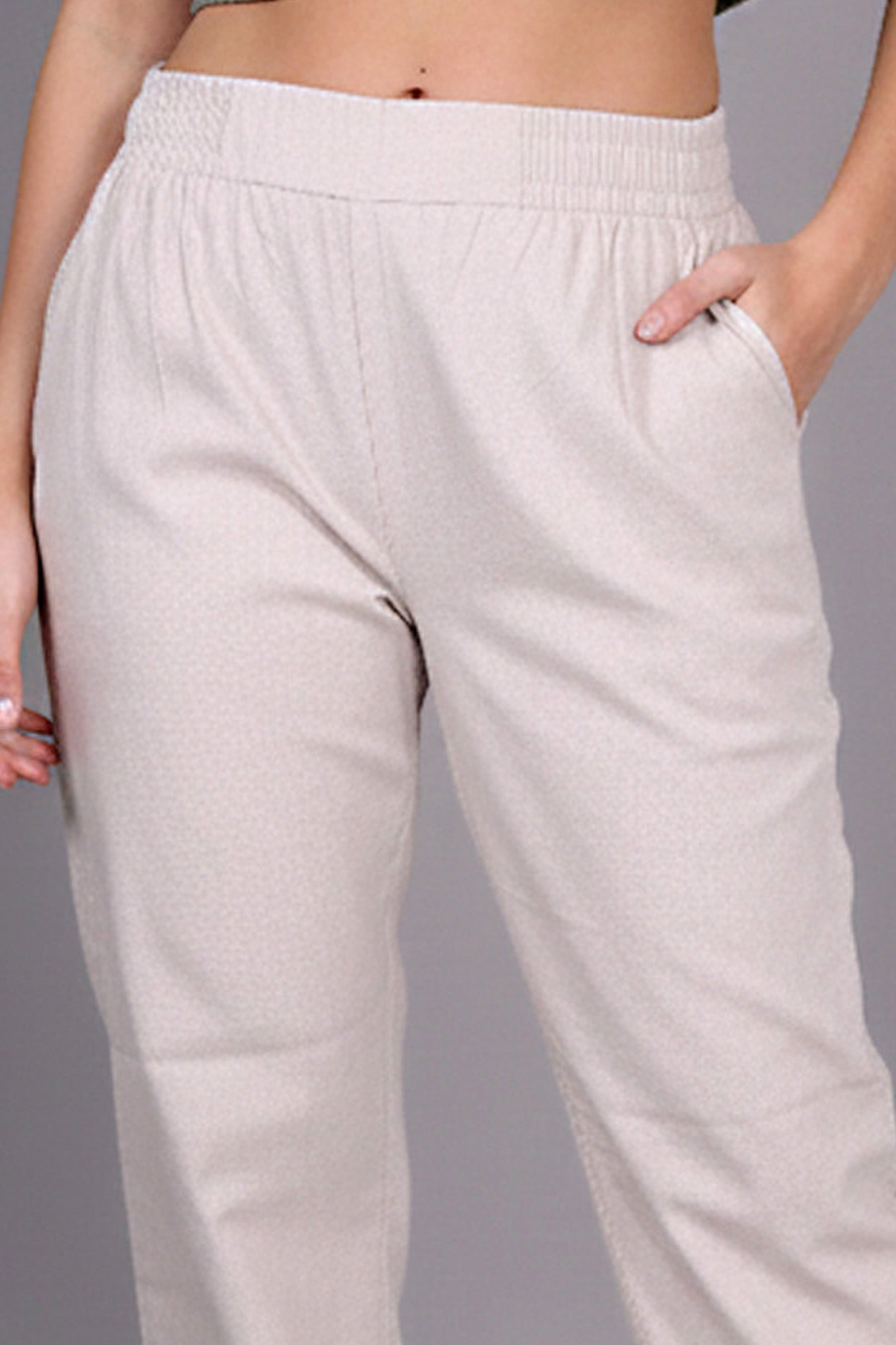 Beige Straight-Fit Elastic Waist Track Pant
