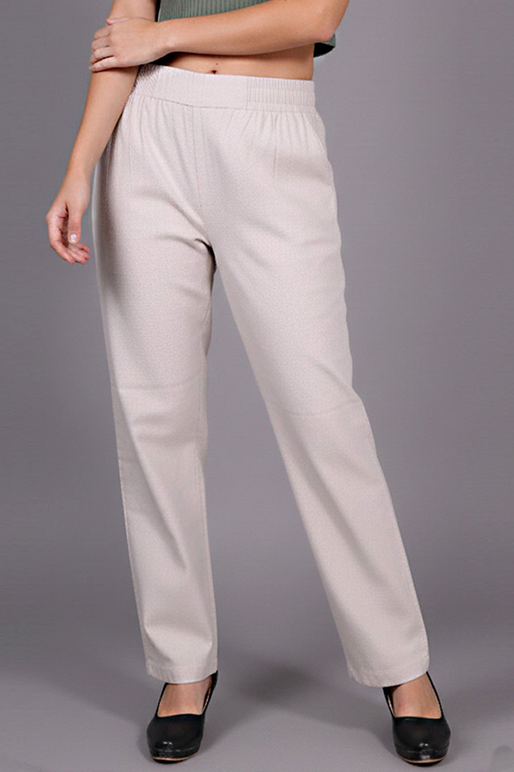 Beige Straight-Fit Elastic Waist Track Pant