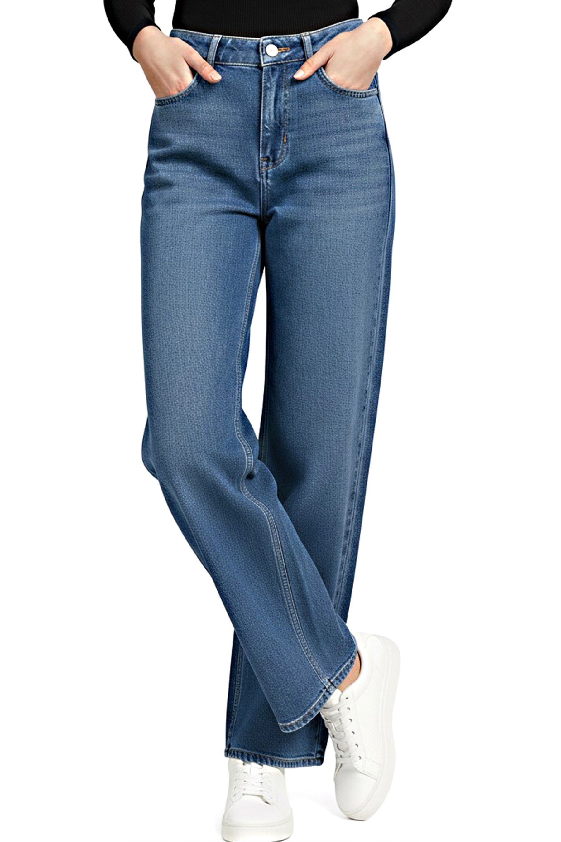 Wide-Leg Denim Jeans – Mid Blue