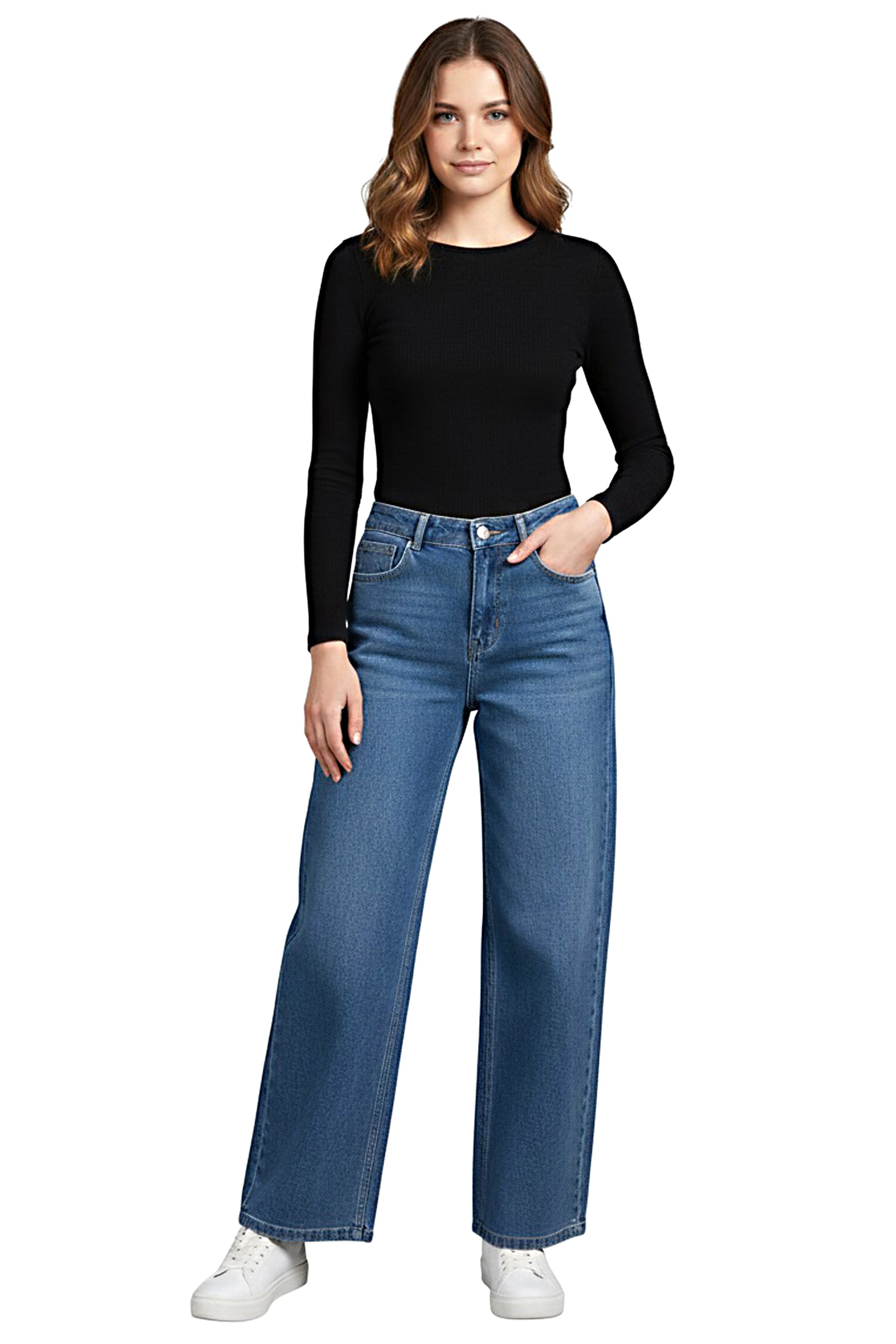 Wide-Leg Denim Jeans – Mid Blue