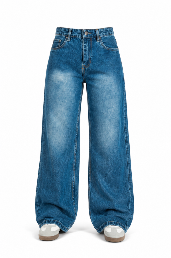 Vintage Blue Washed Wide Leg Jeans