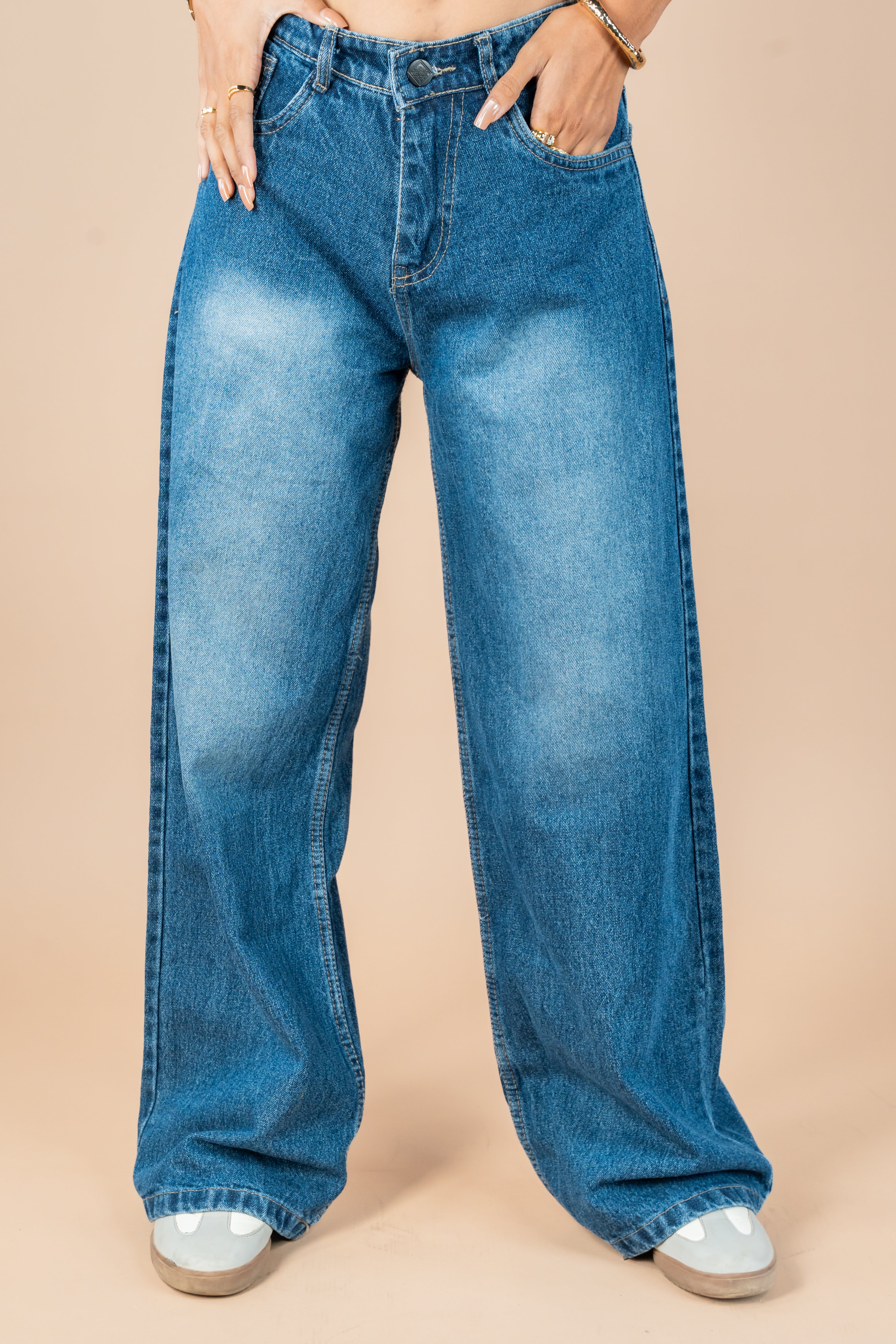 Vintage Blue Washed Wide Leg Jeans